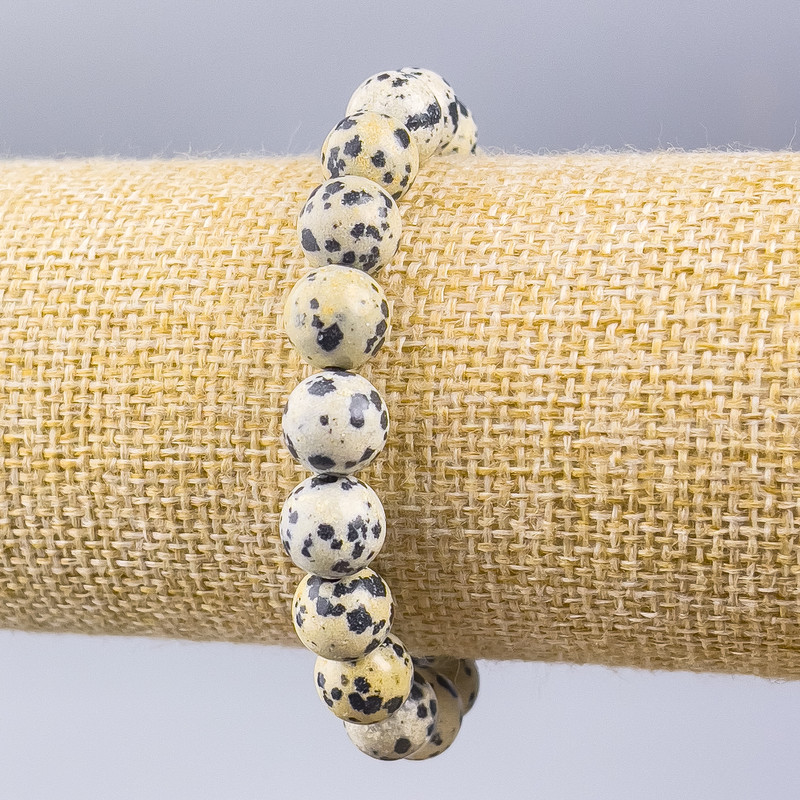 Dalmatian Jasper Bracelet (artificial acrylic) smooth bead, 10mm diameter ±, length 18cm (stretch)