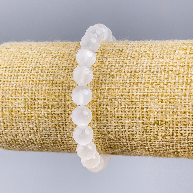 Bracelet, Selenite natural stone smooth beads, 8mm diameter ±, length 18cm (stretch)