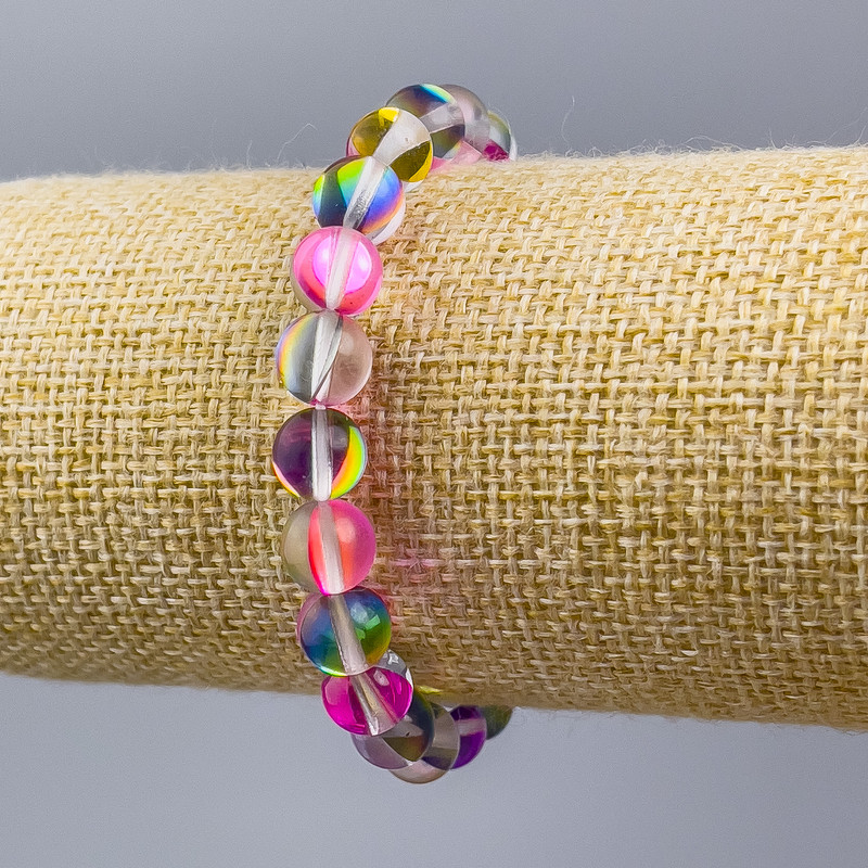 Opal glass bracelet assorted colours smooth beads, diameter 8mm±, length 18cm (stretch)