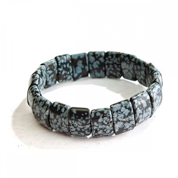 Elastic Bracelet Black and White Snow Obsidian Apache Tears Rectangular Stones 11x15(±)mm