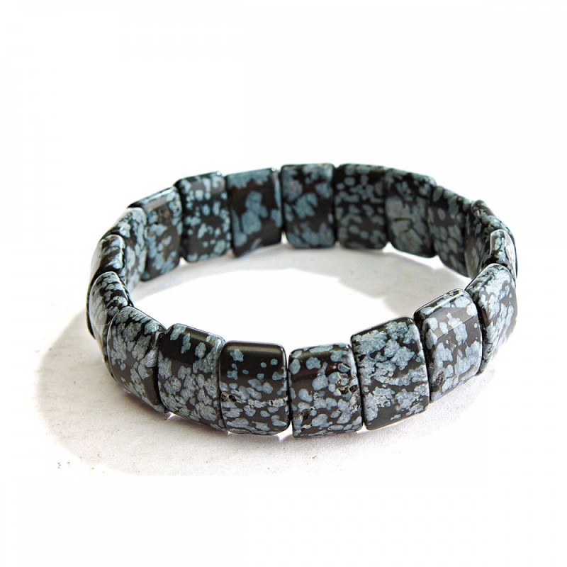 Elastic Bracelet Black and White Snow Obsidian Apache Tears Rectangular Stones 11x15(±)mm