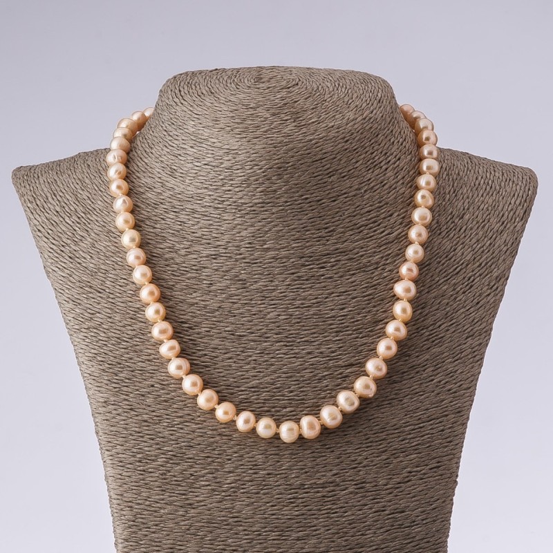 Necklace of Pearls Freshwater Cultured Round Shape Pink Peach, length 47cm, diameter 8-9mm(±)