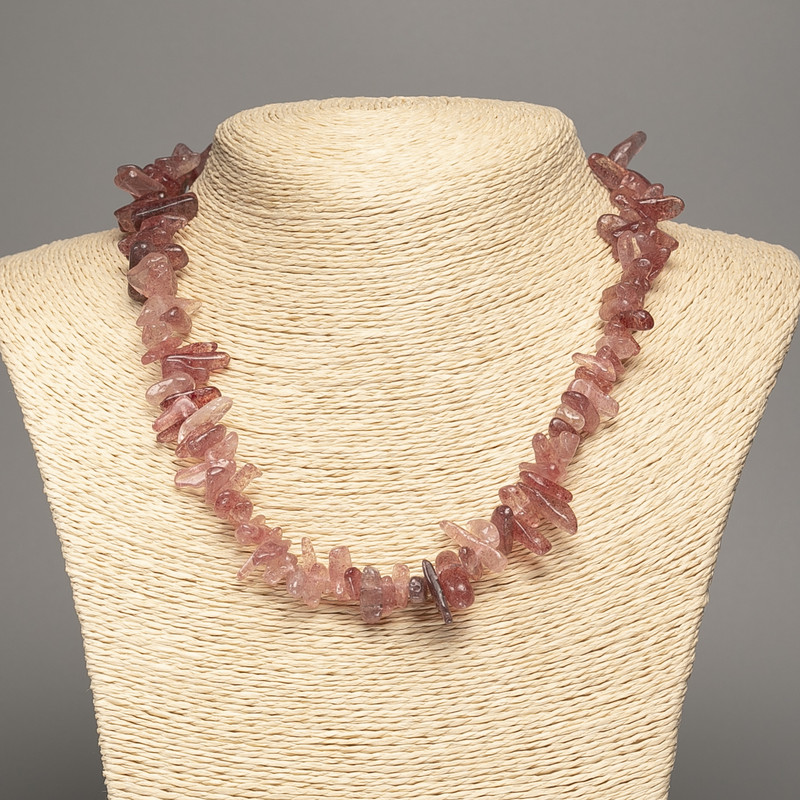 Strawberry Quartz Bead Necklace, natural stone, chip "needle" shape, 15x4mm, length 48cm +