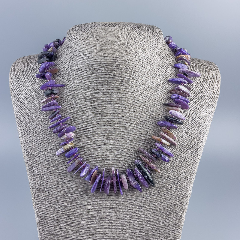 Charoite Natural Stone Necklace with Beads, Needle-shaped chips, diameter 15x3mm±, beads diameter 2mm, length 50cm plus