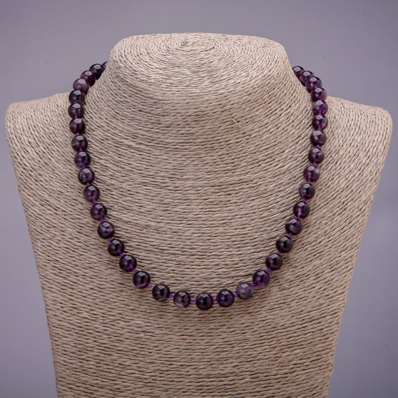 Amethyst bead necklace with smooth round beads, diameter 8 (±) mm, length 45 cm
