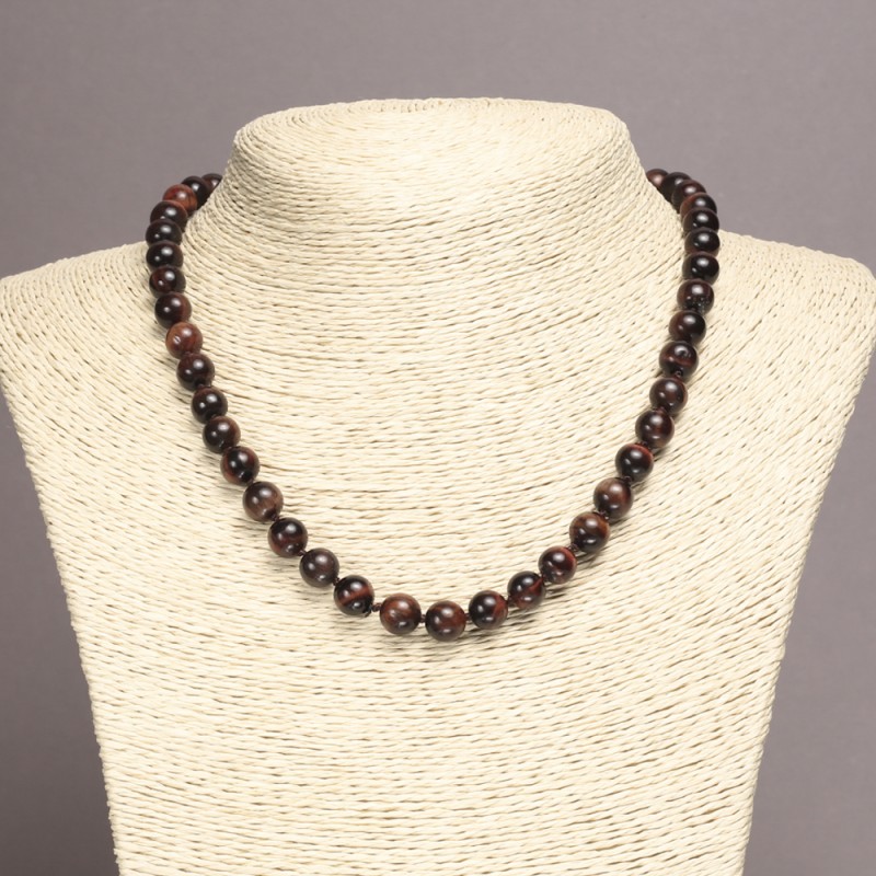 Bead Necklace of Natural Stone Bull's Eye - smooth round bead, diameter 8(±)mm, length 45cm+