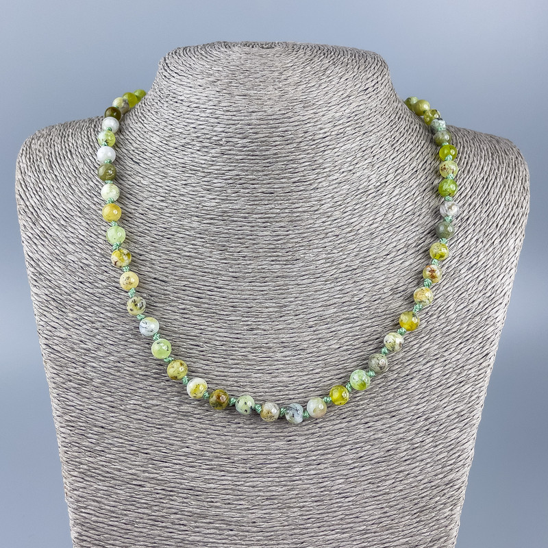Necklace made from natural stone Green Opal smooth bead, diameter 7mm, length 52cm +