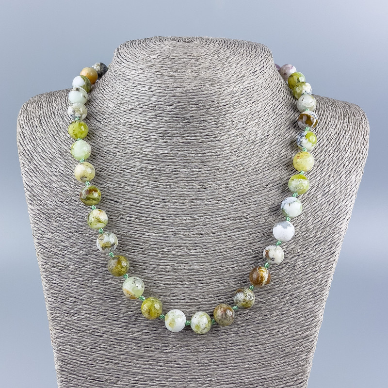 Necklace made from natural stone: Green Opal, smooth round beads, 10mm diameter, 50cm length +