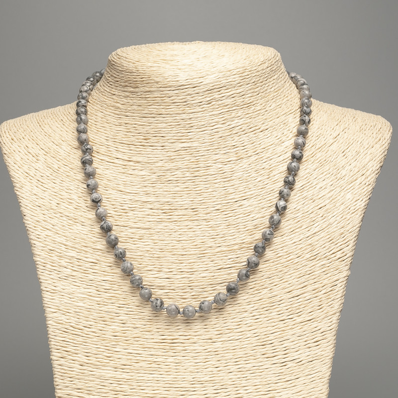 Necklace of Ocean Jasper (Grey) - imitation stone, smooth round beads 6mm dia, 50cm length +