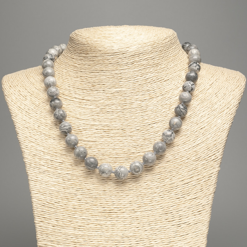 Necklace made of grey ocean jasper (imitation acrylic) smooth bead, diameter 10.5mm, length 48cm +