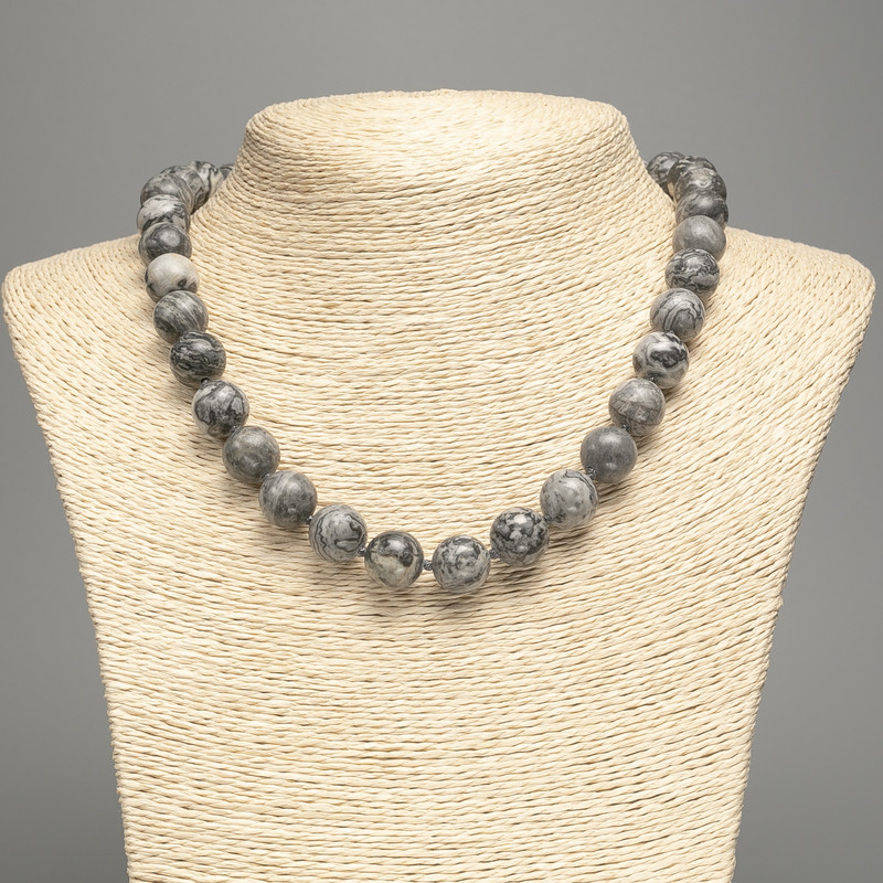 Necklace of Oceanic Gray Jasper (imitation acrylic) smooth bead, diameter 12mm, length 48cm +