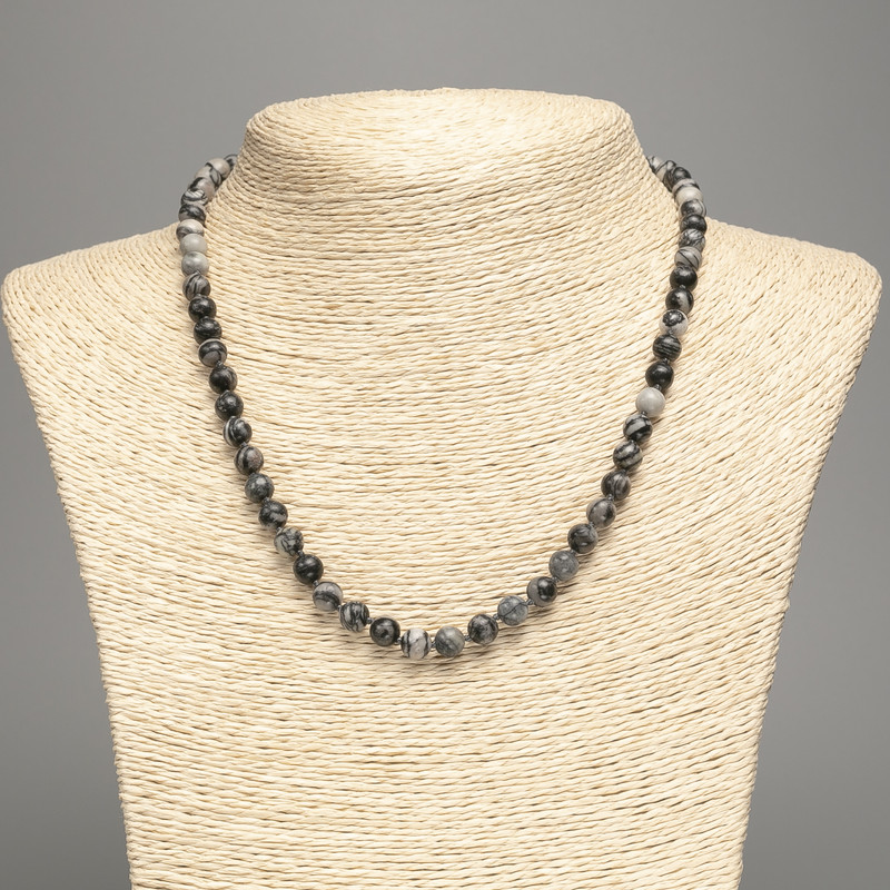 Necklace Gray Picasso Jasper acrylic beads (artificial acrylic) smooth ball, diameter 6.5mm ±, length 48cm ±