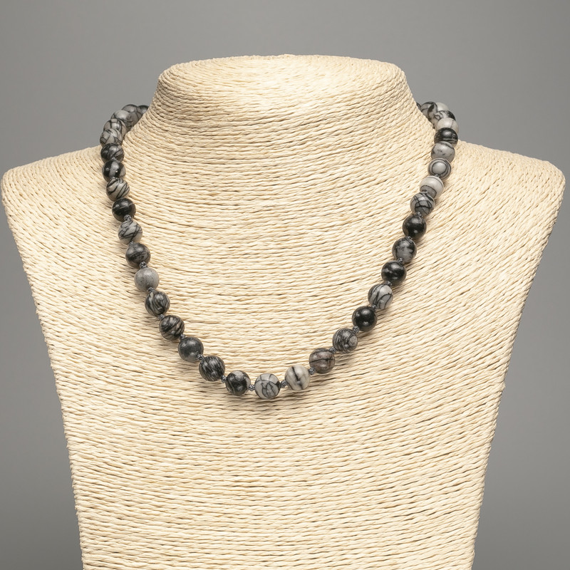 Necklace Jasper Picasso Grey (artificial acrylic) smooth bead, diameter 8.5mm±, length 48cm ±