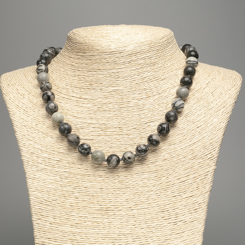 Necklace Jasper Picasso Grey (plastic acrylic) smooth bead, diameter 10mm±, length 48cm ±