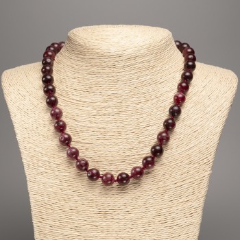Beads necklace of natural gemstone Rubellite Tourmaline smooth round beads 10mm diam. +/-, length 48cm +