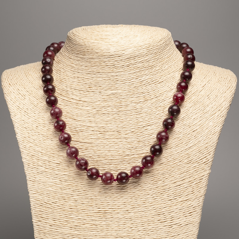 Beads necklace of natural gemstone Rubellite Tourmaline smooth round beads 10mm diam. +/-, length 48cm +
