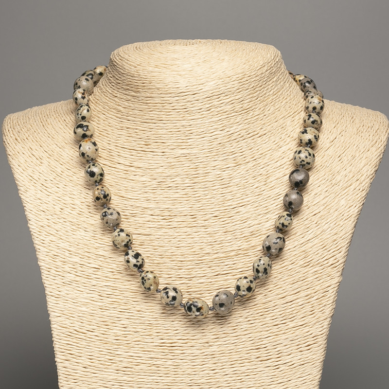 Jasper Dalmatian Bead Necklace, round faceted beads, diameter 10–11 mm, length 48 cm +