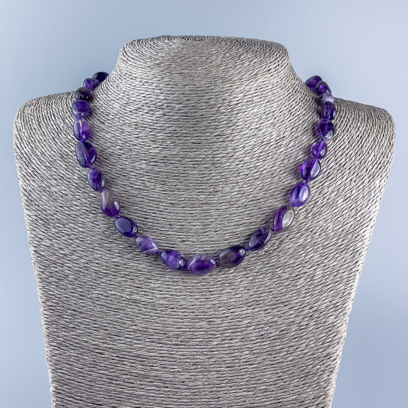 Amethyst Beaded Necklace, tumbled natural stone, diameter 13×11 mm, length 46 cm