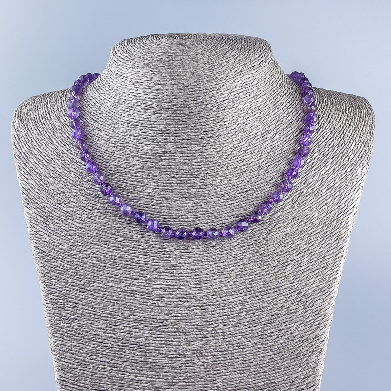 Amethyst Natural Stone Bead Necklace, faceted ball 6mm diameter, length 48cm ±