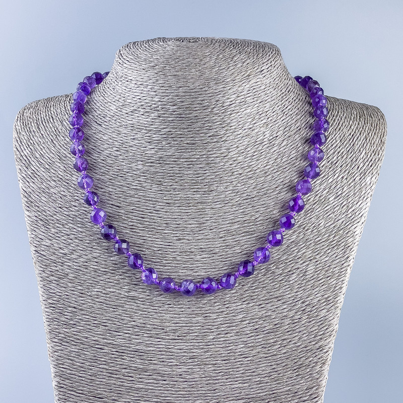 Amethyst natural stone necklace, faceted round bead, 7.5mm diameter, length 50cm