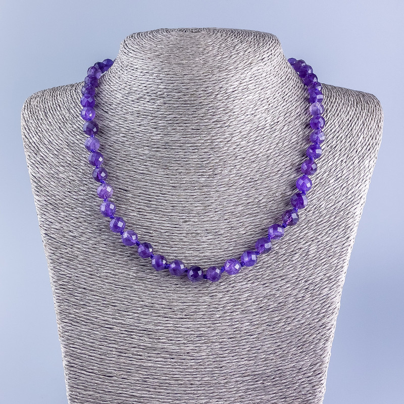 Amethyst Necklace with Faceted Round Beads, 7.5 mm diameter, length 50 cm