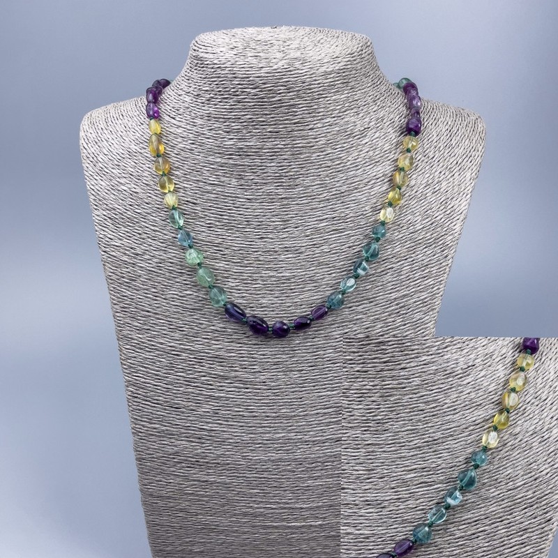 Necklace made of natural fluorite, cabochon faceting, diameter 7x11-6x7mm+-, length 52cm +