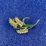 Brooch 'Ears of Grain' with pale yellow rhinestones, green enamel, silver-coloured metal, diameter 54×35mm+