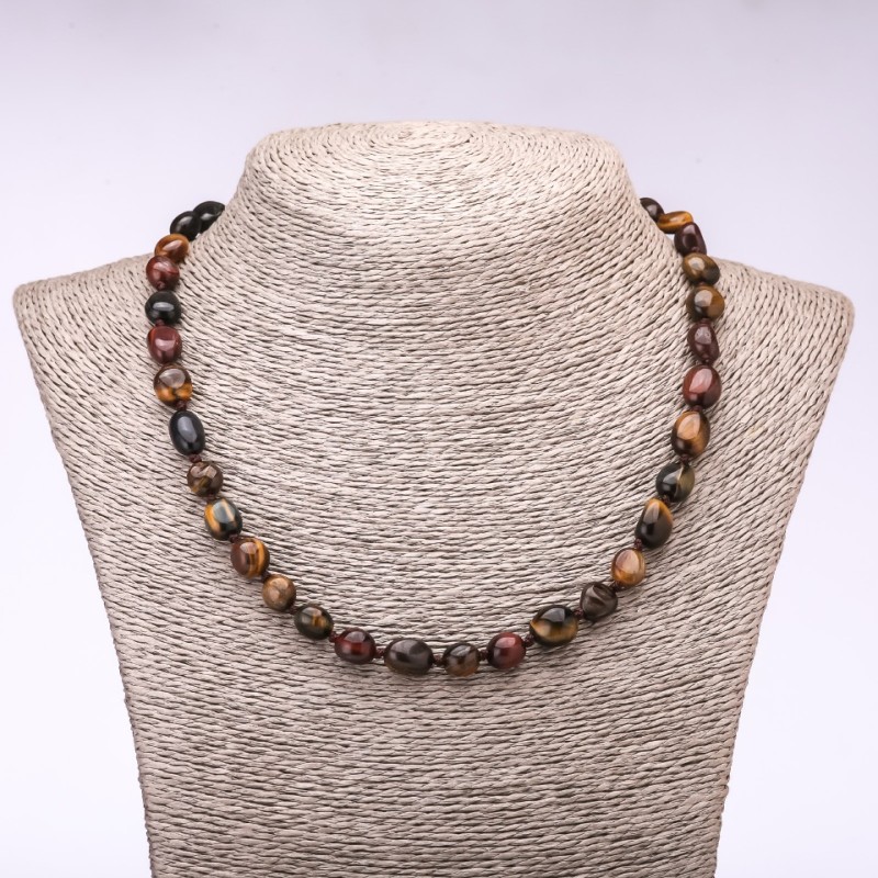 Necklace Tiger Iron, Bull’s Eye, Hawk’s Eye faceted, diameter 7-10mm, length 46cm