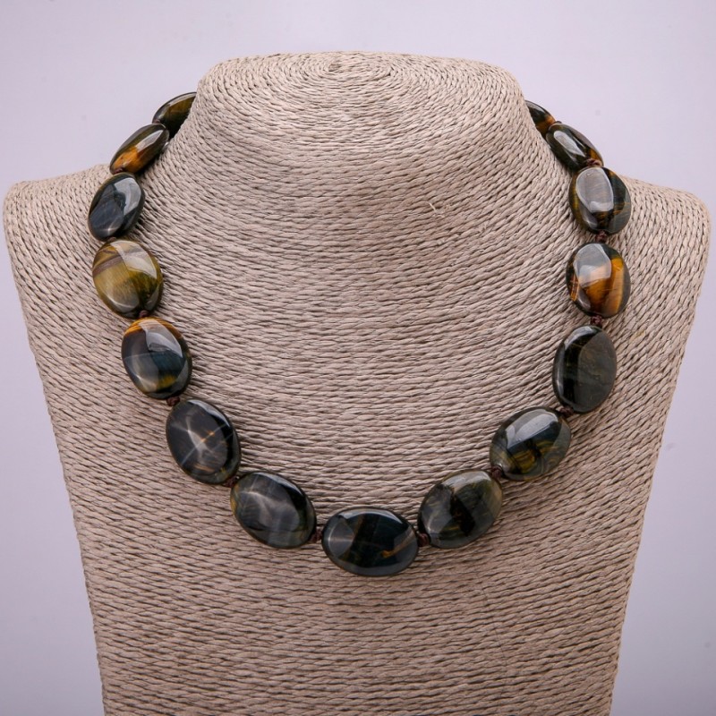 Natural stone necklace Hawk's Eye, oval 25×18mm, length 45cm +