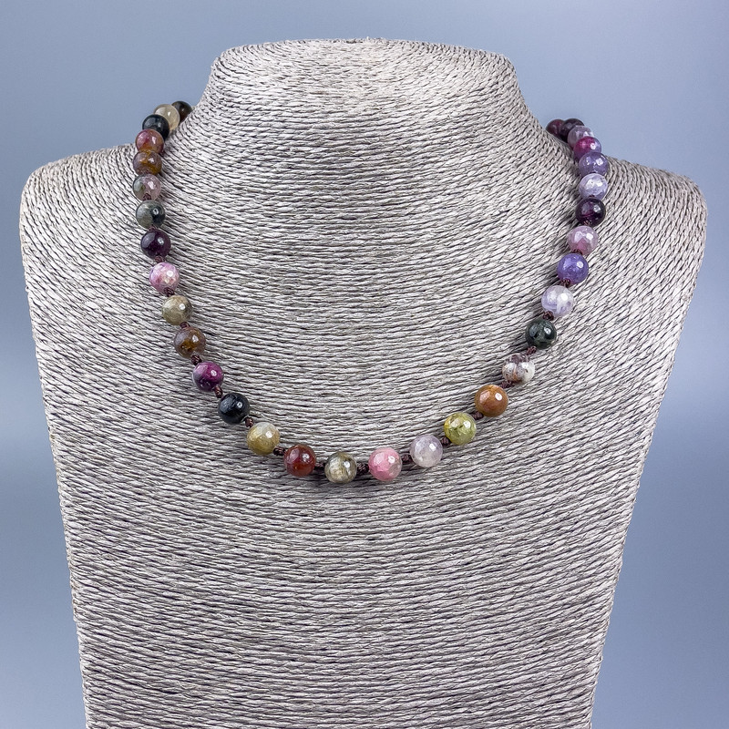 Natural gemstone tourmaline necklace, smooth beads 8mm dia., length 50 cm