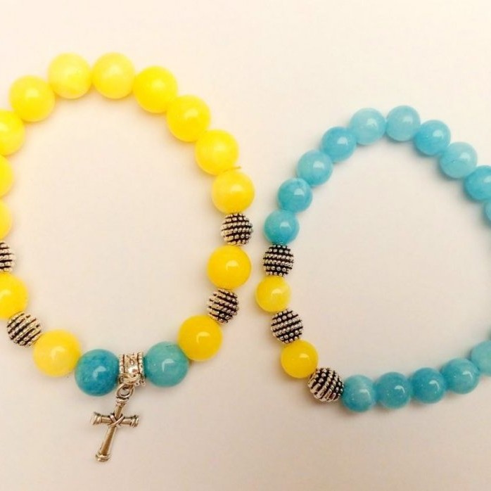 Bracelet "Ukraine" Pair Acquamarine and Citrine (artificial acrylic beads) smooth round beads with silver inserts on elastic, length 18cm+