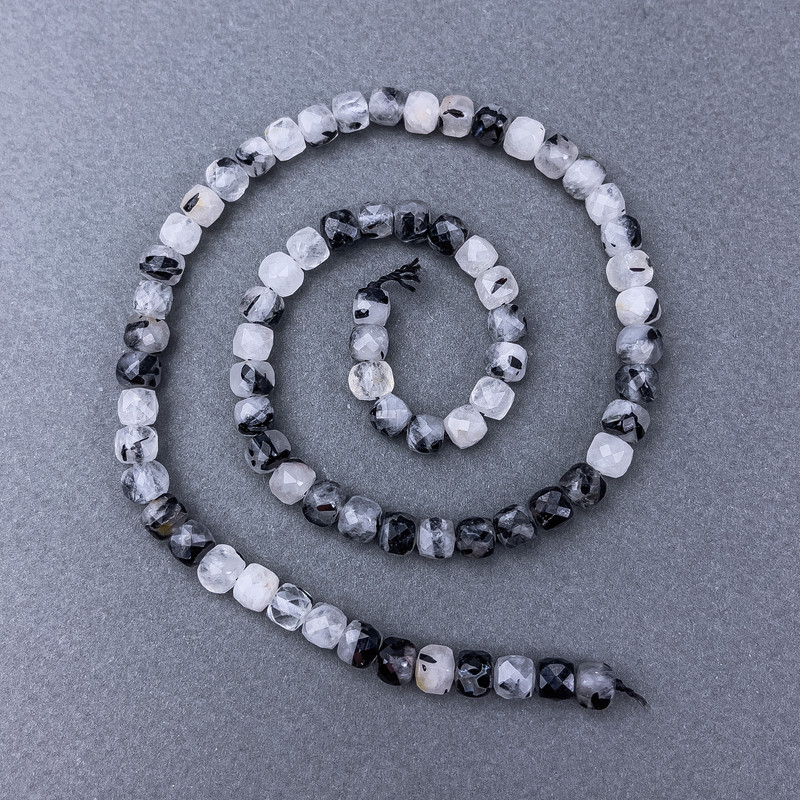 Rutilated Quartz Faceted Cube Beads on Thread, 5 mm cubes, diameter ~5 mm, length ~39 cm