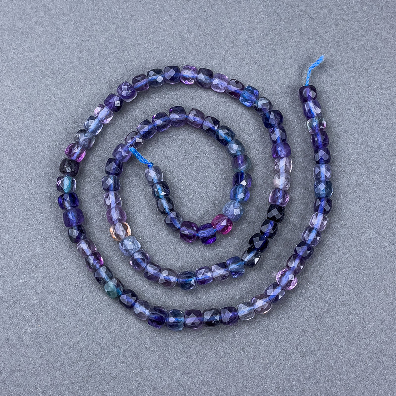 Fluorite Beads, Natural Stone, Faceted Cube Shape on Thread, 4.5×4.5 mm approx, 38 cm length