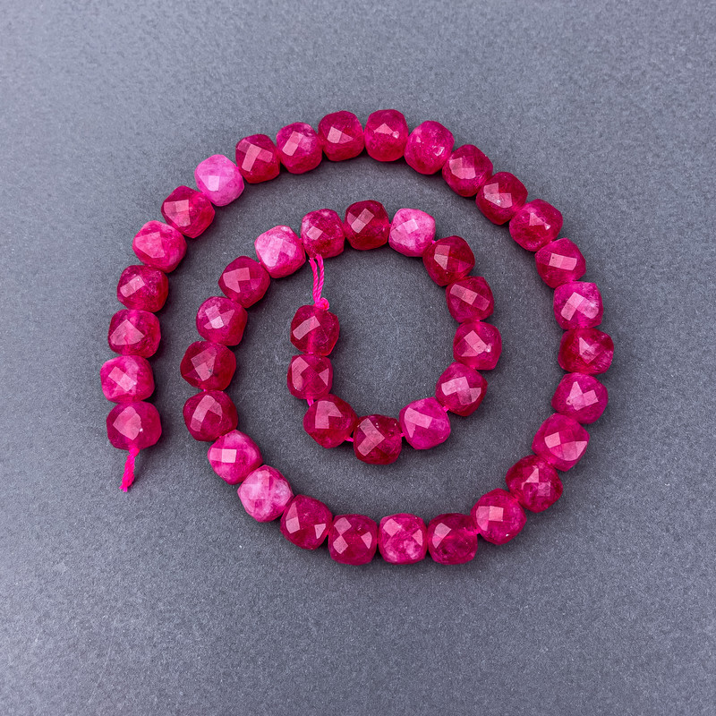 Pink tourmaline beads natural stone faceted cube on thread, diameter 9×9 mm±, length 38 cm±