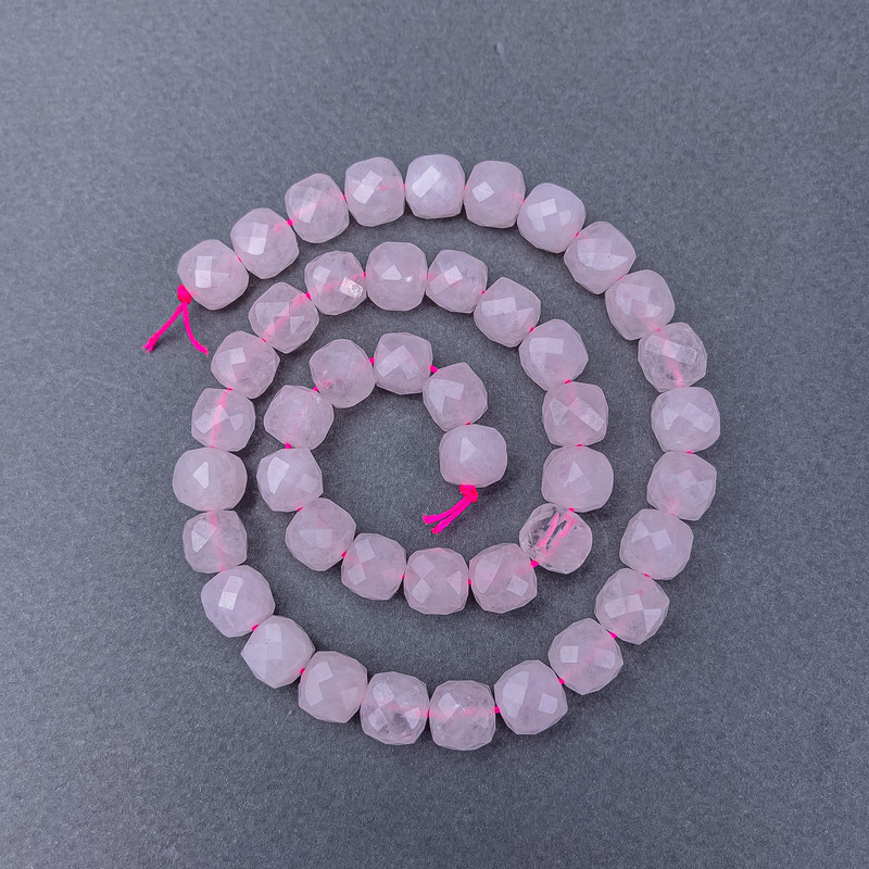 Beads Pink Quartz Natural Stone Faceted Cube On Thread, Diameter 9x9 mm ±, Length 38 cm ±