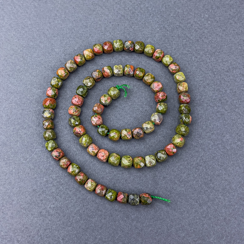Jasper Unakit Beads Natural Stone Cut Cube on a Thread, 6x6 mm diameter ±, length 38 cm ±