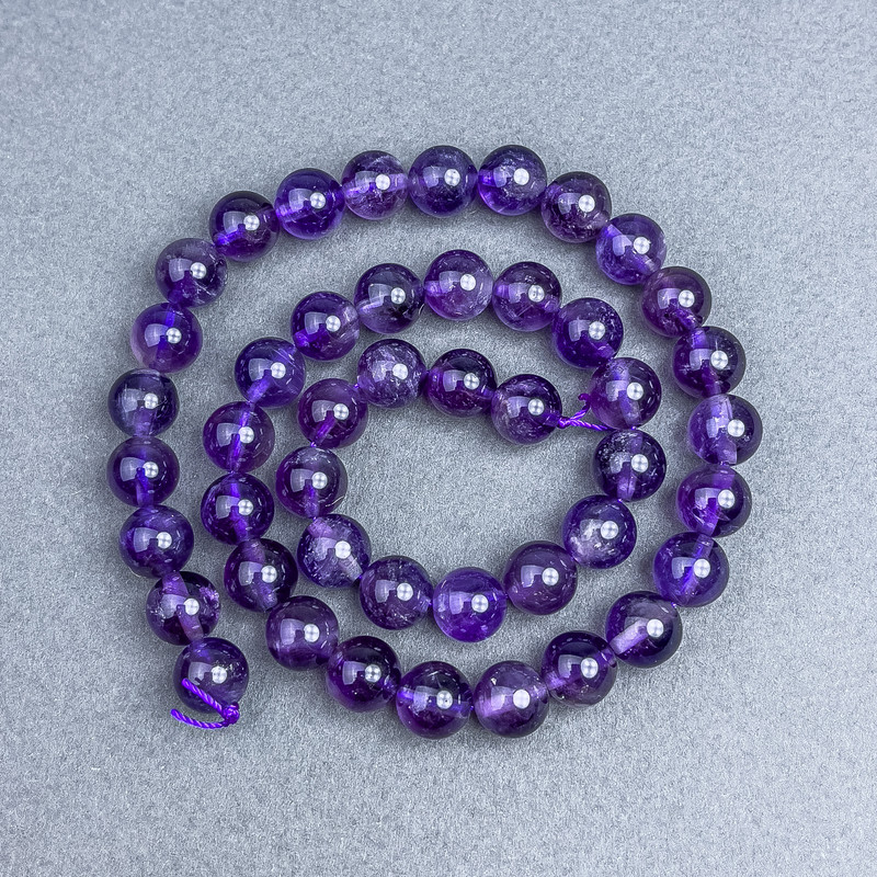 Amethyst Beads natural stone smooth sphere, diameter 10 mm± on thread, length 39 cm+