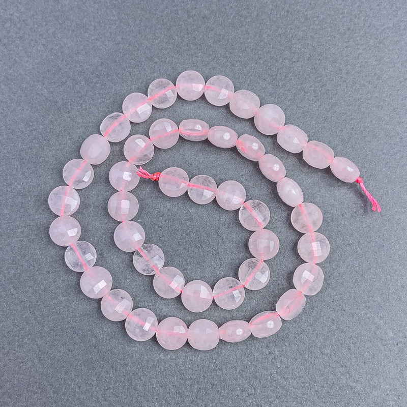 Rose Quartz Beads – natural gemstone, faceted coin-shaped, 8x5.5 mm, ±5 mm on a thread, 39 cm length