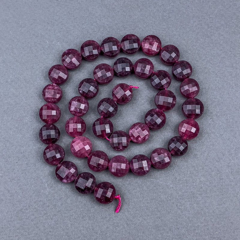 Tourmaline Rubellite Beads - Natural Stone, faceted coin-shaped, 10x7 mm, on thread, length 37 cm