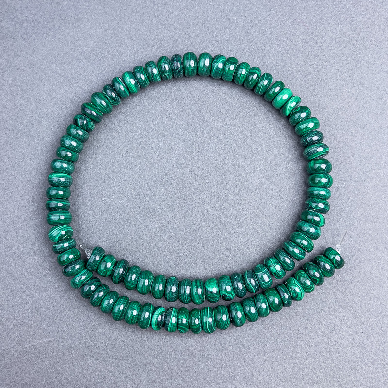 Malachite Beads - Rondelle natural stone, 10x5 mm diameter, on thread, length 40 cm+