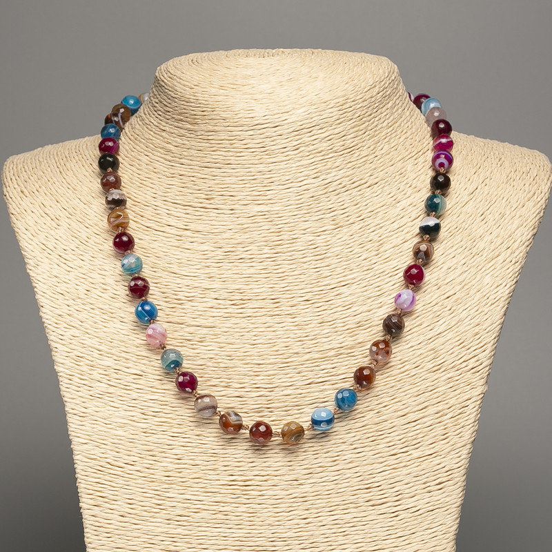 Multicolor Agate Bead Necklace with Faceted Round Beads, 8mm Diameter, 49cm Length +