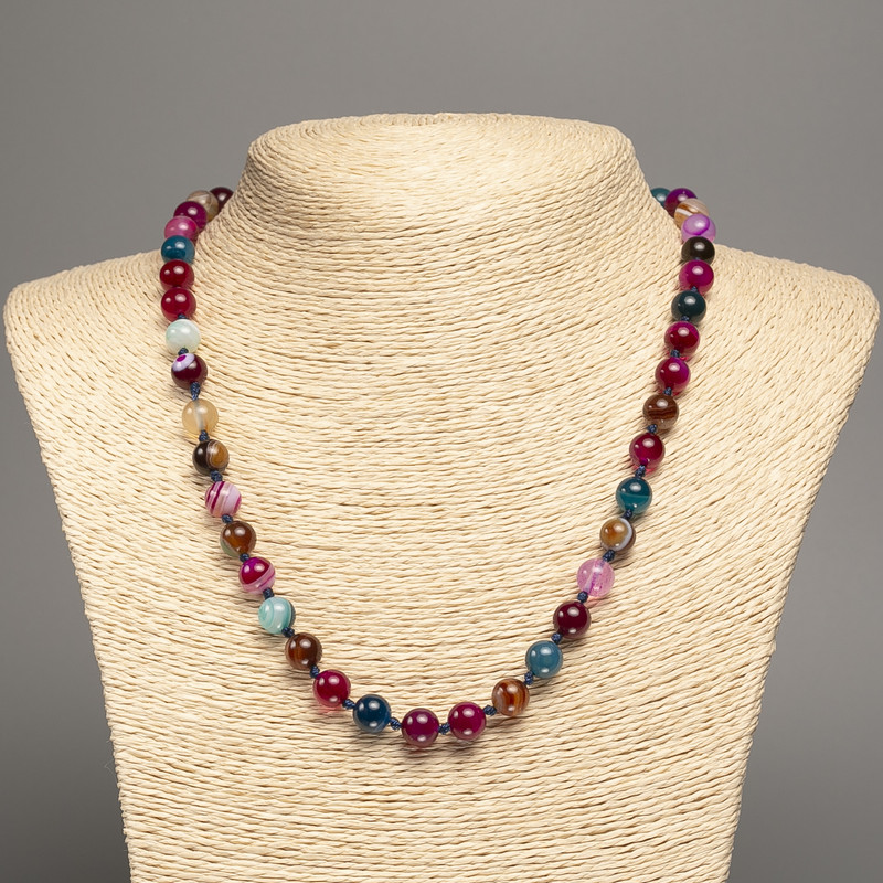 Necklace made of natural agate multi-coloured smooth beads 8mm diameter, 50cm length +