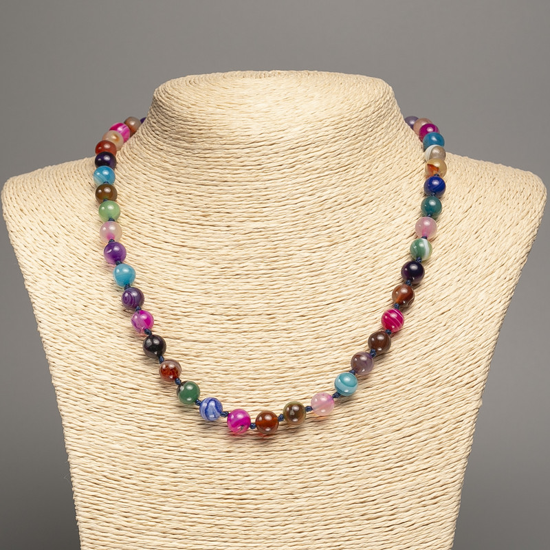 Multicoloured agate natural stone necklace with smooth beads, 8mm diameter, 50cm length +