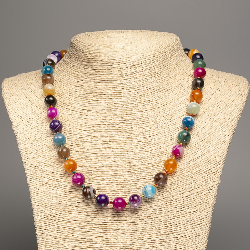Necklace made of colored agate with smooth beads 10mm diameter, 50cm length +