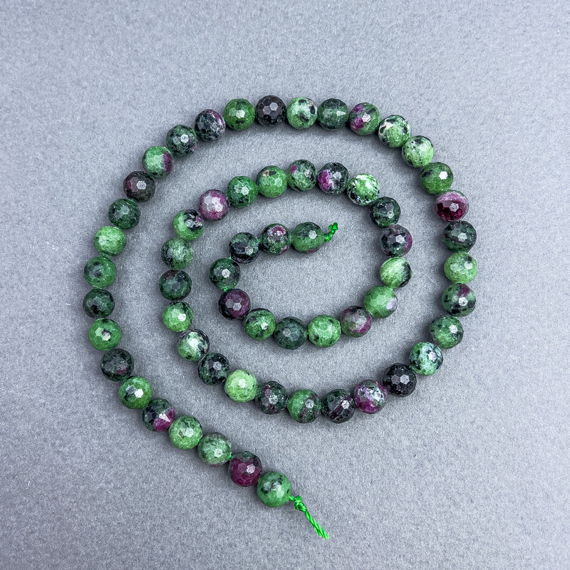 Zoisite Beads natural stone faceted ball, 6.5 mm dia. on thread, length 39 cm+