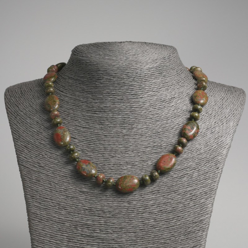 Jasper Unakit natural stone necklace flat oval beads, 13x18mm±, rondelle 9x5mm±, length 45cm±
