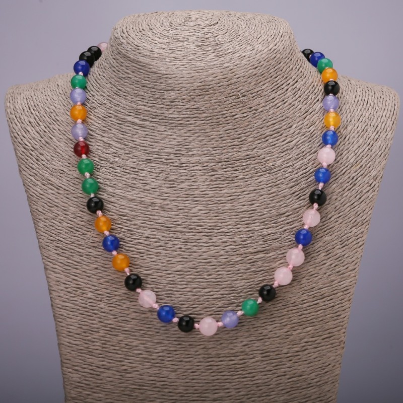 Necklace of assorted natural stones, smooth ball beads, diameter ~8mm, length 48cm