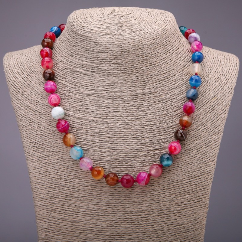 Necklace of natural stone Agate Assorted colours faceted beads, diameter 10(+-)mm, length 48cm
