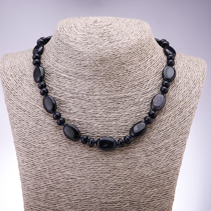 Necklace made of aventurine stone (synthetic) “Blue Sand of Cairo Night” flat oval, 13×18 mm, rondelle 9×6 mm, length 45 cm