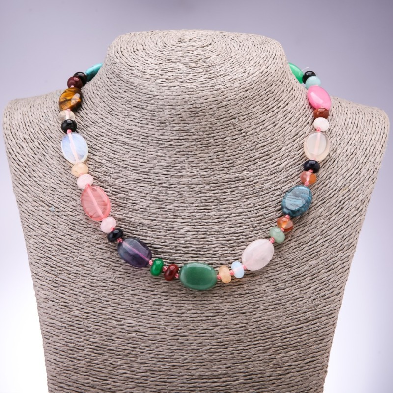 Necklace made of natural stones, assorted, flat oval elements, diameter 13x18mm rondelle, diameter 9x6mm, length 45cm
